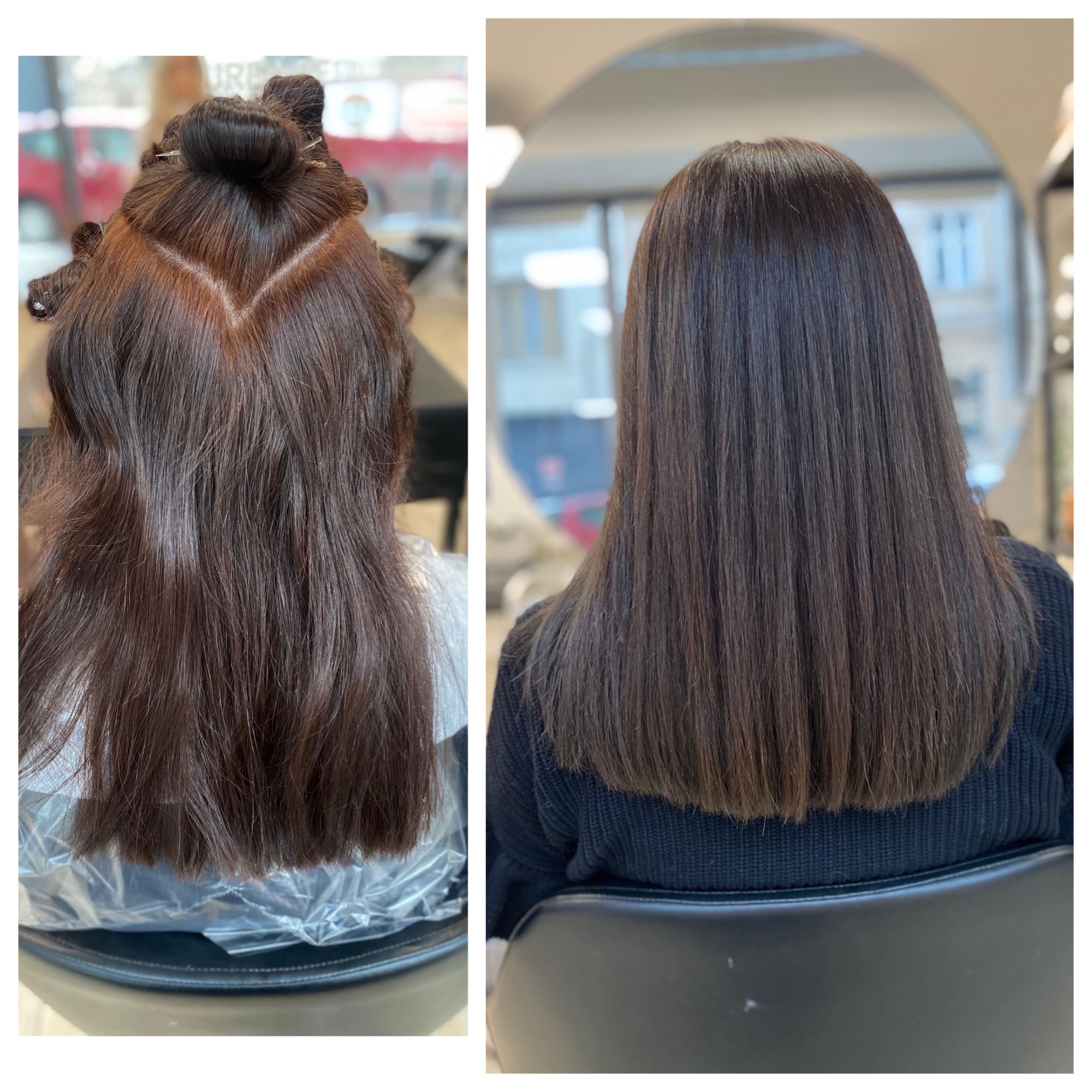 Przed i po prostowanie keratyna ciemne włosy