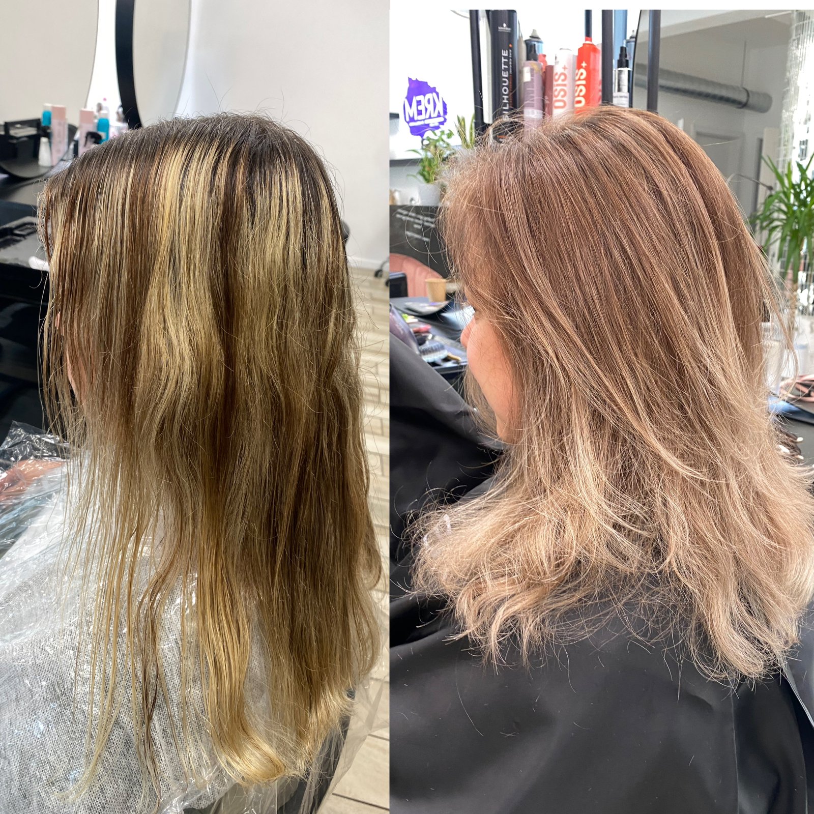 Balayage bronde przed i po — realizacja Krem Beauty
