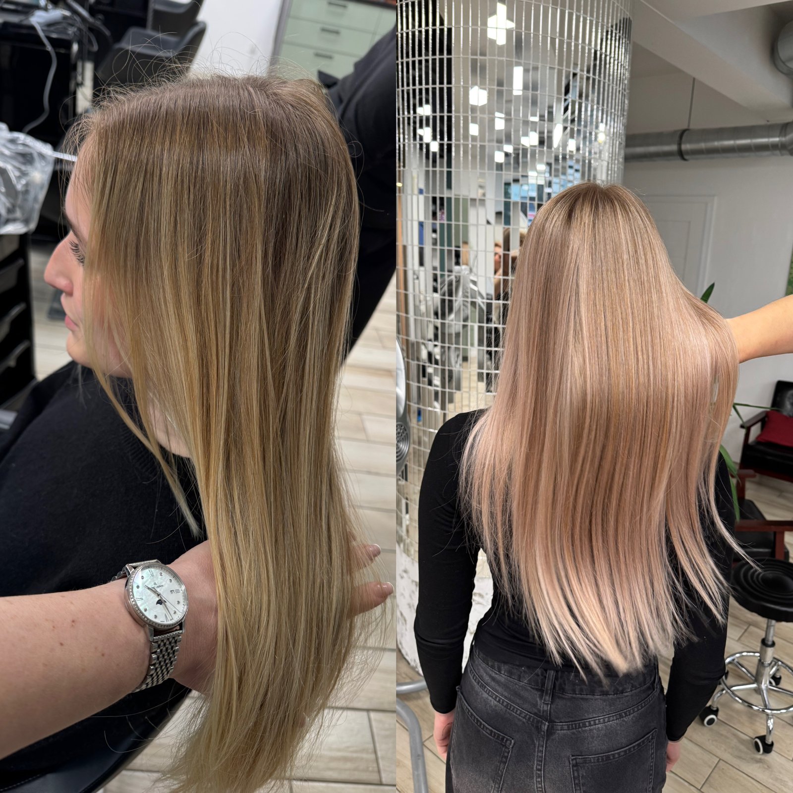 Beżowo-różowy blond przed i po — realizacja Krem Beauty