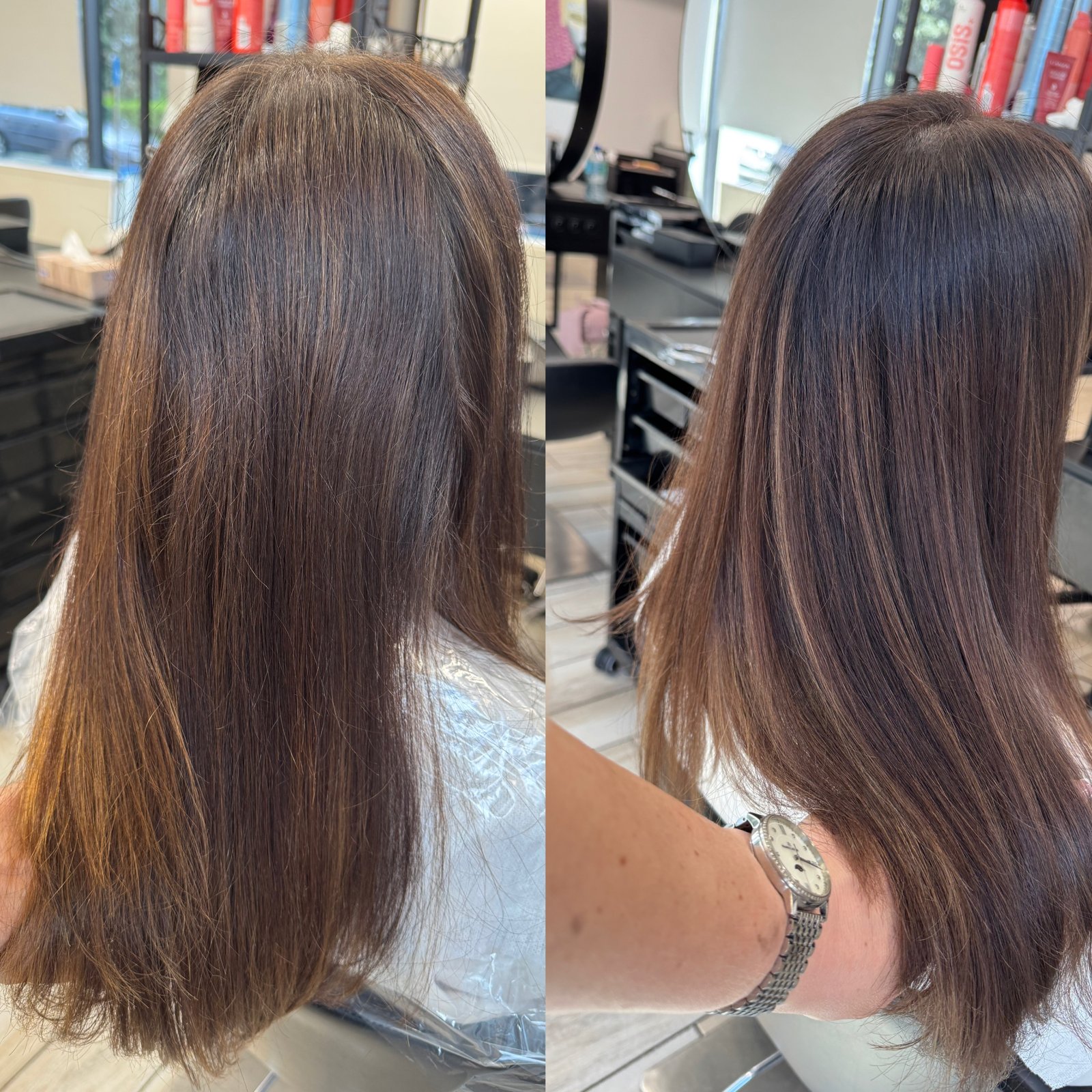 Brązowa koloryzacja przed i po — realizacja Krem Beauty